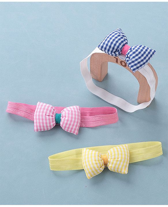 Babyhug Headbands with Bow Applique Free Size Pack of 3 - Yellow Blue & Pink