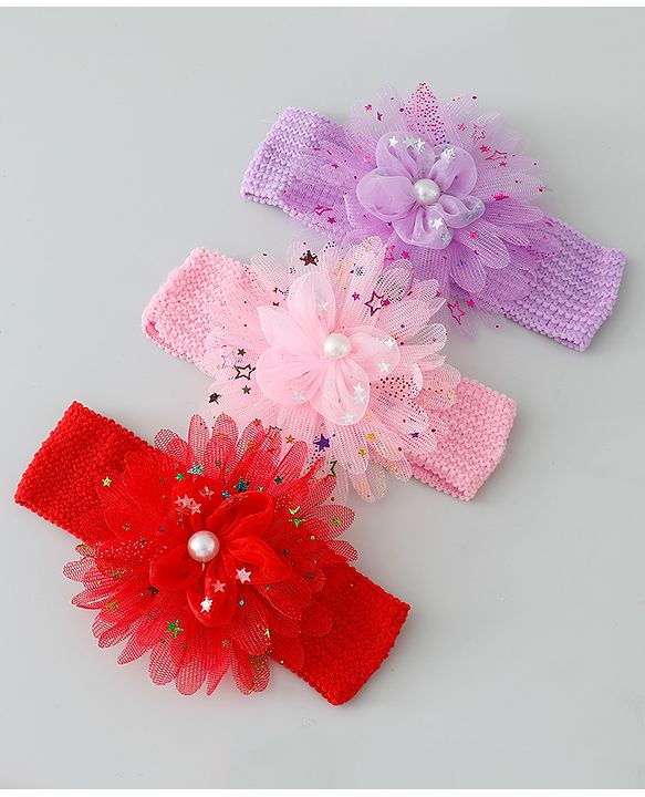 Babyhug Free Size Headbands with Floral Applique Pack of 3 - Red Purple & Pink