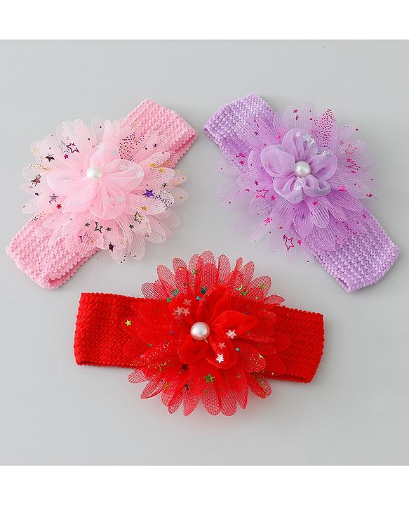 Babyhug Free Size Headbands with Floral Applique Pack of 3 - Red Purple & Pink