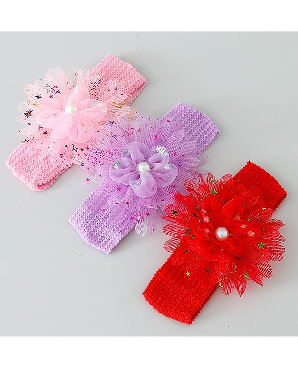 Babyhug Free Size Headbands with Floral Applique Pack of 3 - Red Purple & Pink