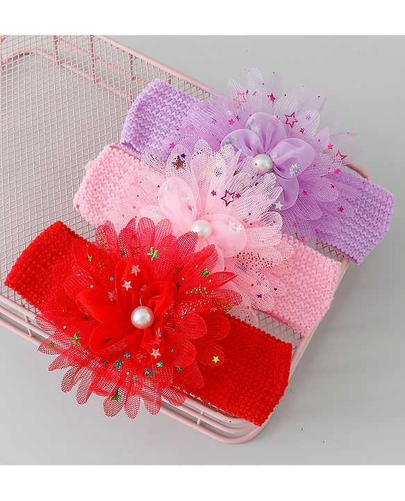 Babyhug Free Size Headbands with Floral Applique Pack of 3 - Red Purple & Pink