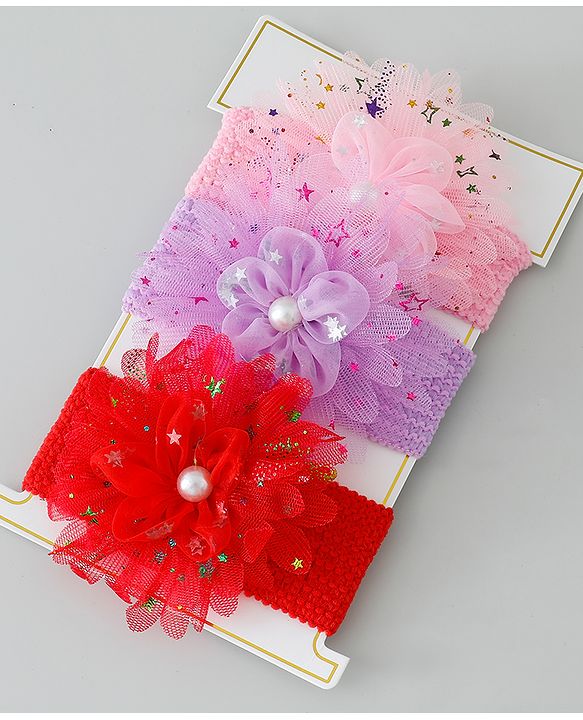 Babyhug Free Size Headbands with Floral Applique Pack of 3 - Red Purple & Pink