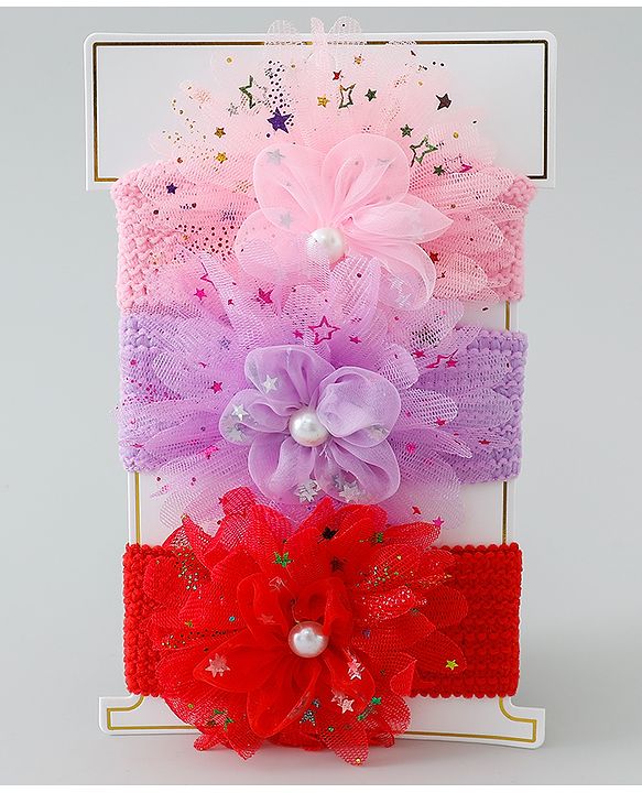 Babyhug Free Size Headbands with Floral Applique Pack of 3 - Red Purple & Pink