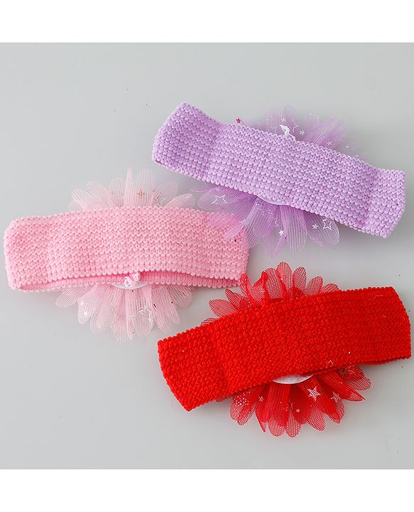Babyhug Free Size Headbands with Floral Applique Pack of 3 - Red Purple & Pink