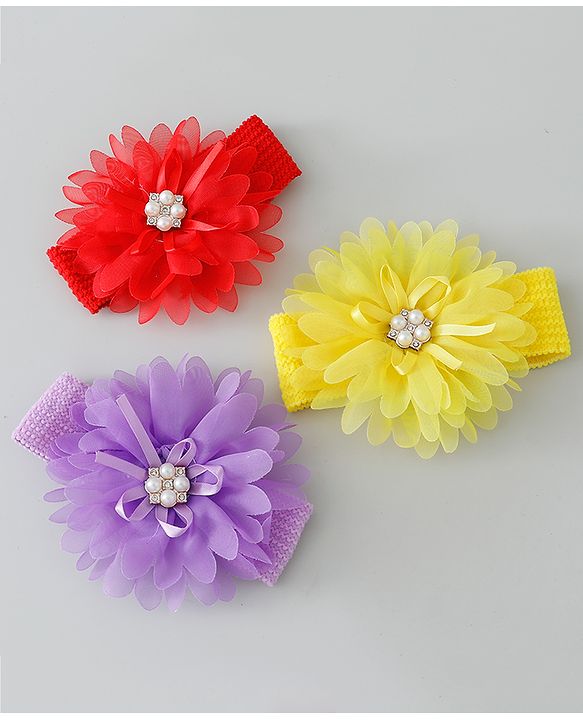 Babyhug Headbands with Flower Applique Free Size Pack of 3 - Yellow & Purple