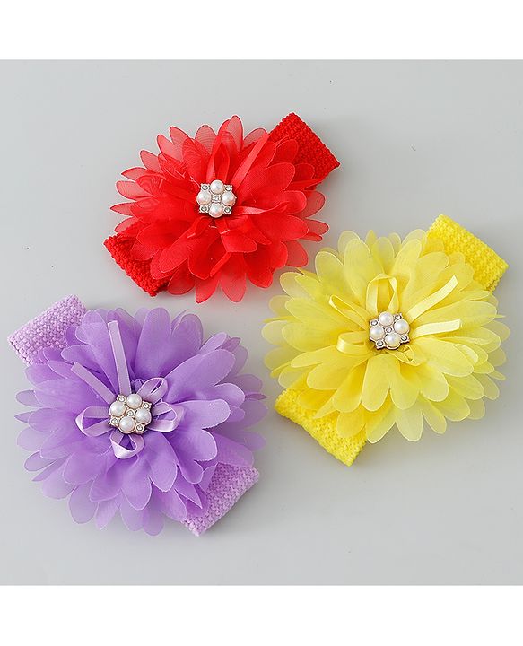 Babyhug Headbands with Flower Applique Free Size Pack of 3 - Yellow & Purple