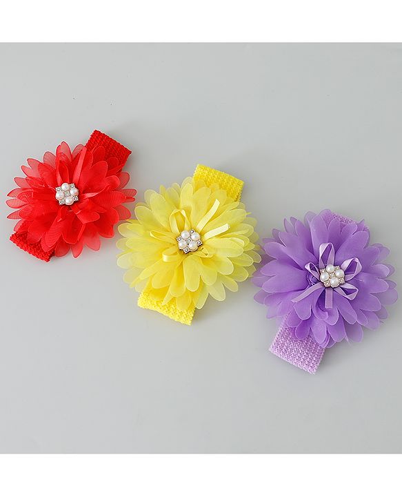 Babyhug Headbands with Flower Applique Free Size Pack of 3 - Yellow & Purple