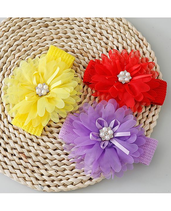 Babyhug Headbands with Flower Applique Free Size Pack of 3 - Yellow & Purple