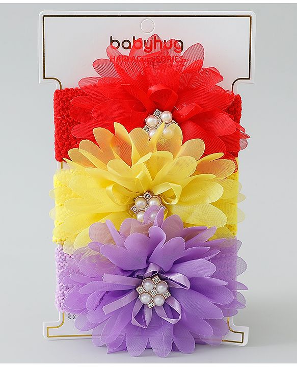 Babyhug Headbands with Flower Applique Free Size Pack of 3 - Yellow & Purple