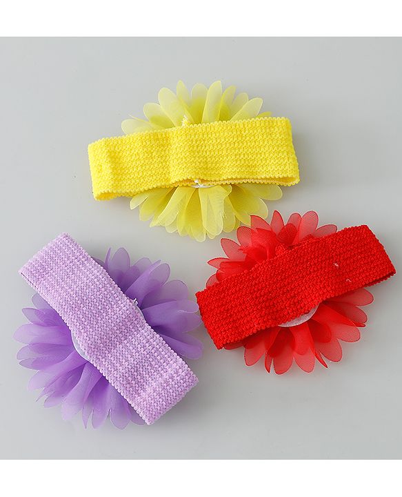 Babyhug Headbands with Flower Applique Free Size Pack of 3 - Yellow & Purple