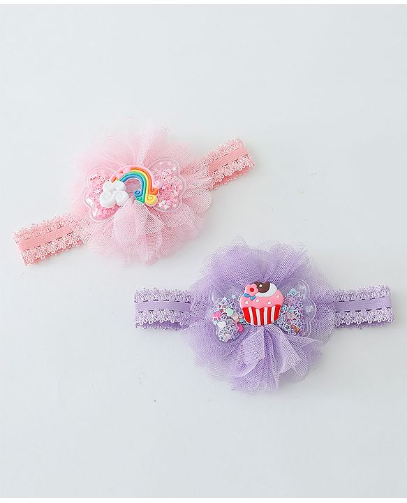 Babyhug Rainbow & Cupcake Bow Applique Headbands Pack Of 2 - Multicolor