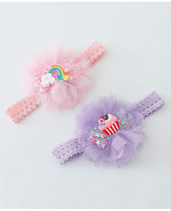 Babyhug Rainbow & Cupcake Bow Applique Headbands Pack Of 2 - Multicolor