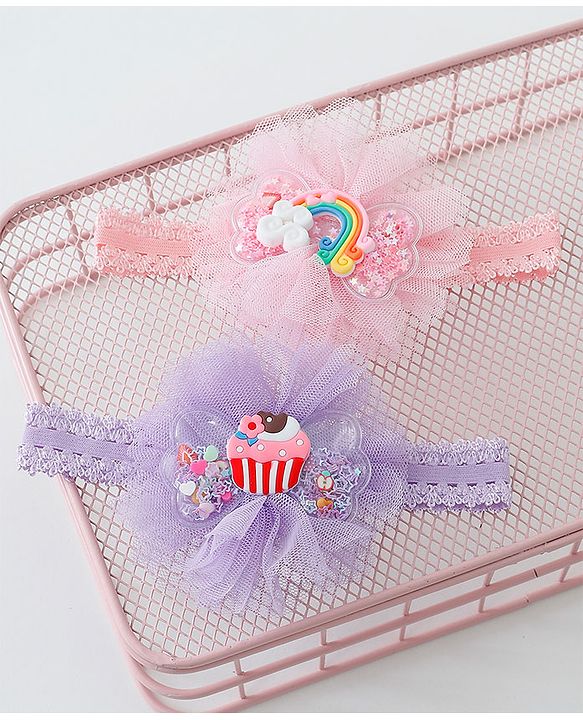 Babyhug Rainbow & Cupcake Bow Applique Headbands Pack Of 2 - Multicolor