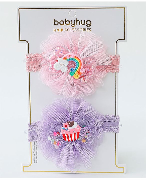 Babyhug Rainbow & Cupcake Bow Applique Headbands Pack Of 2 - Multicolor