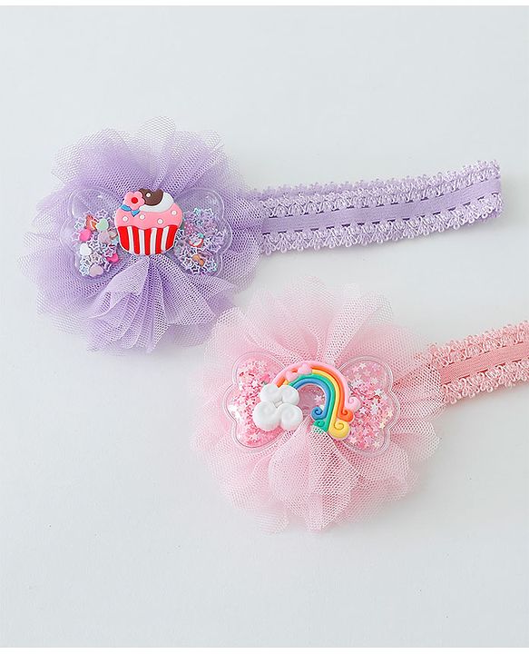 Babyhug Rainbow & Cupcake Bow Applique Headbands Pack Of 2 - Multicolor
