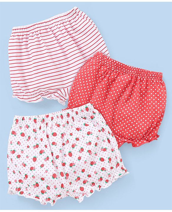 Babyhug Cotton Knit Bloomers Polka Dots & Strawberry Print Pack of 3 - Pink White & Red