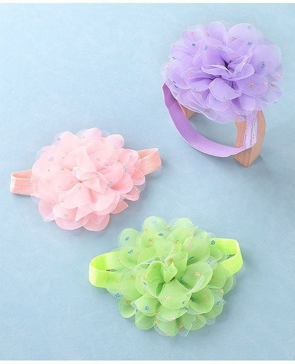 Babyhug Headbands with Flower Applique Free Size Pack of 3 - Purple Green & Pink