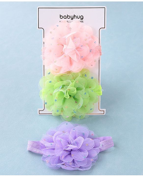 Babyhug Headbands with Flower Applique Free Size Pack of 3 - Purple Green & Pink