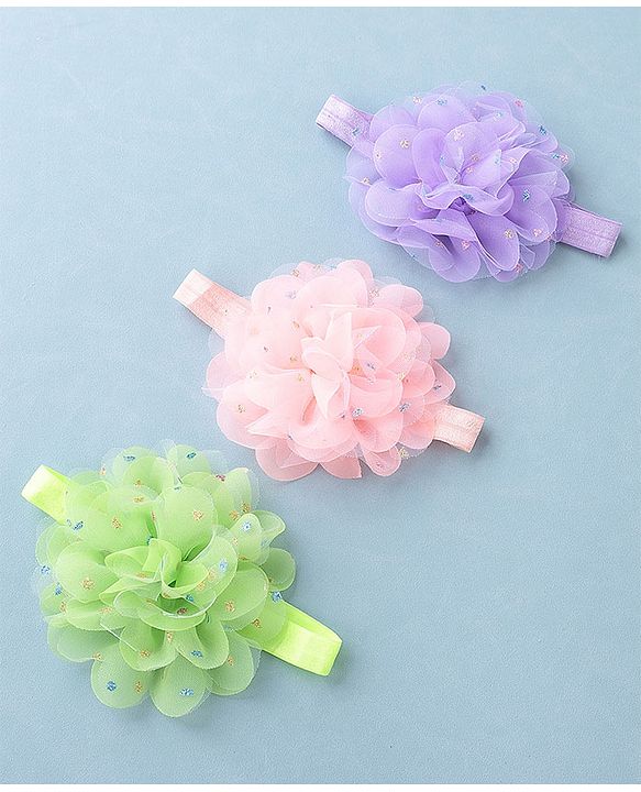 Babyhug Headbands with Flower Applique Free Size Pack of 3 - Purple Green & Pink