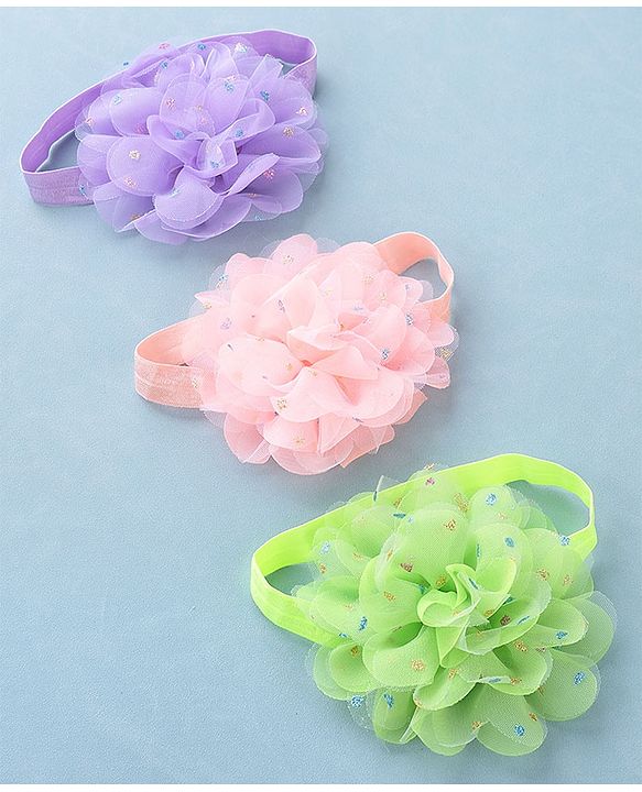 Babyhug Headbands with Flower Applique Free Size Pack of 3 - Purple Green & Pink