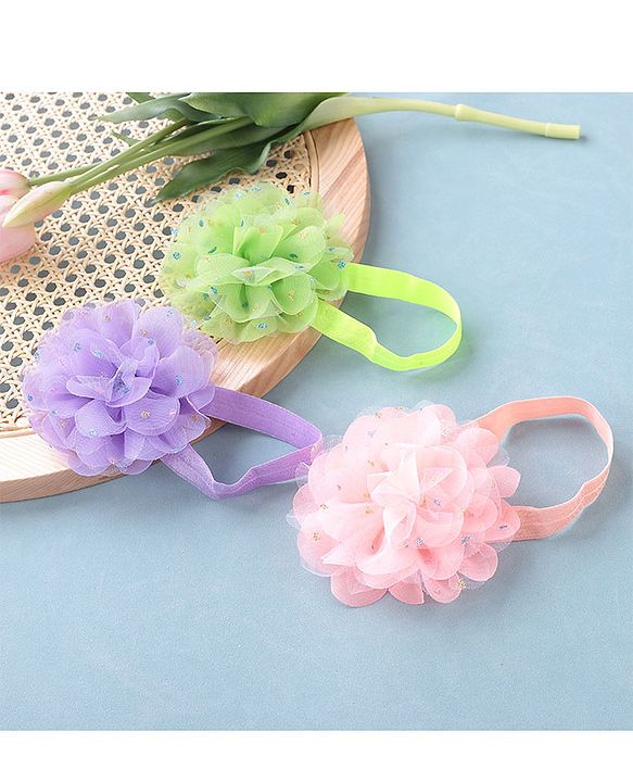 Babyhug Headbands with Flower Applique Free Size Pack of 3 - Purple Green & Pink