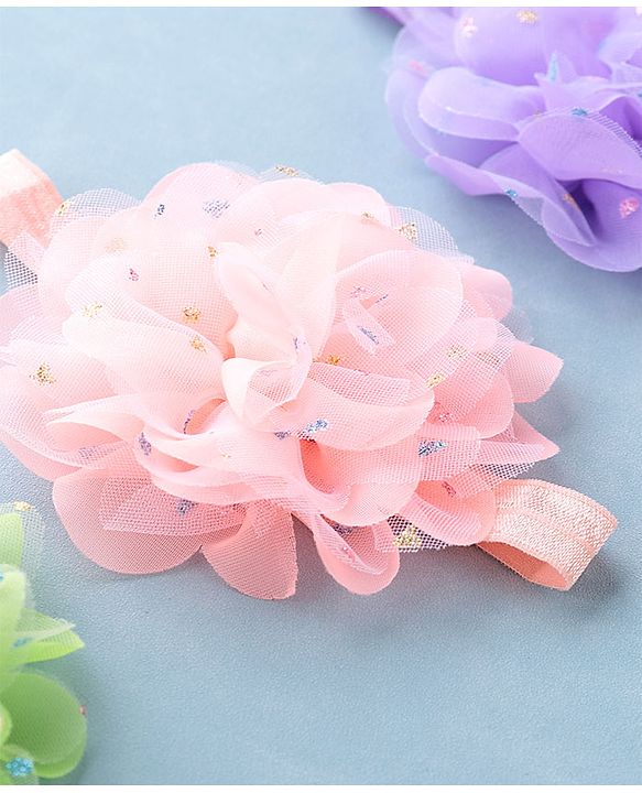 Babyhug Headbands with Flower Applique Free Size Pack of 3 - Purple Green & Pink
