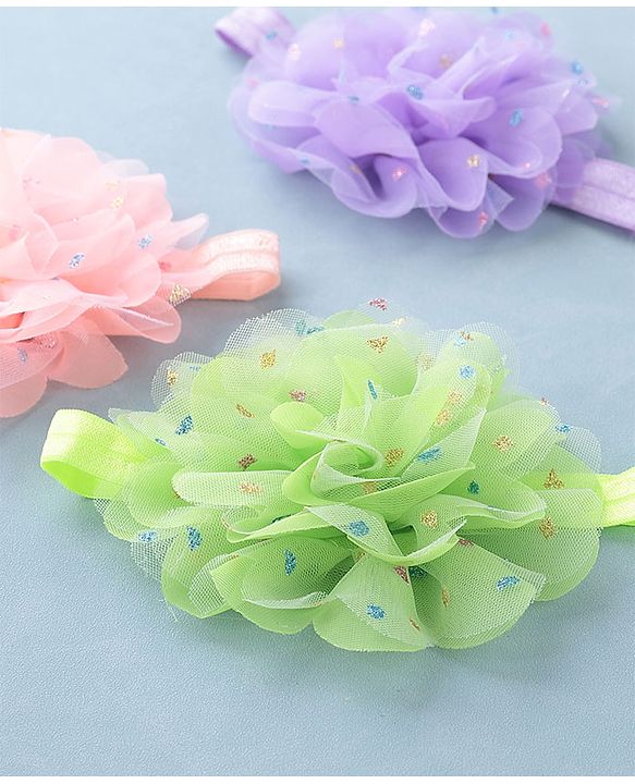 Babyhug Headbands with Flower Applique Free Size Pack of 3 - Purple Green & Pink