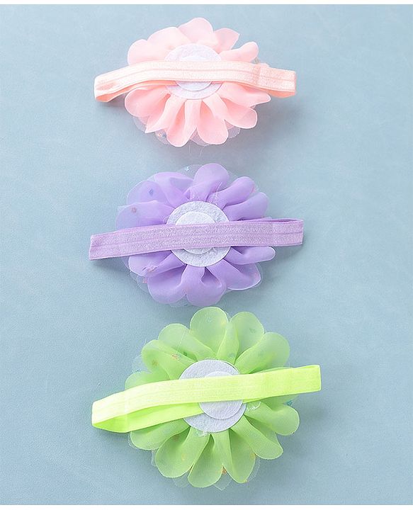 Babyhug Headbands with Flower Applique Free Size Pack of 3 - Purple Green & Pink