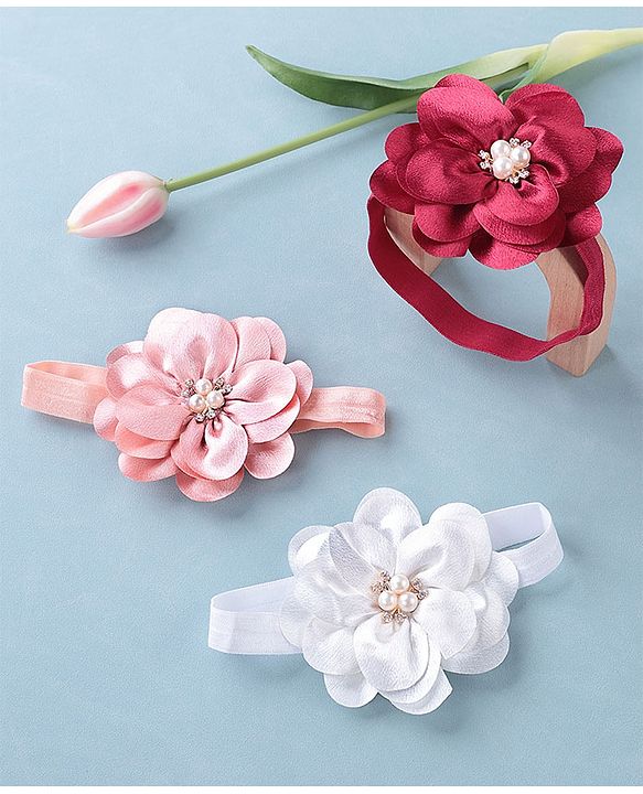 Babyhug Headbands with Flower Applique Free Size Pack of 3 - White Maroon & Pink