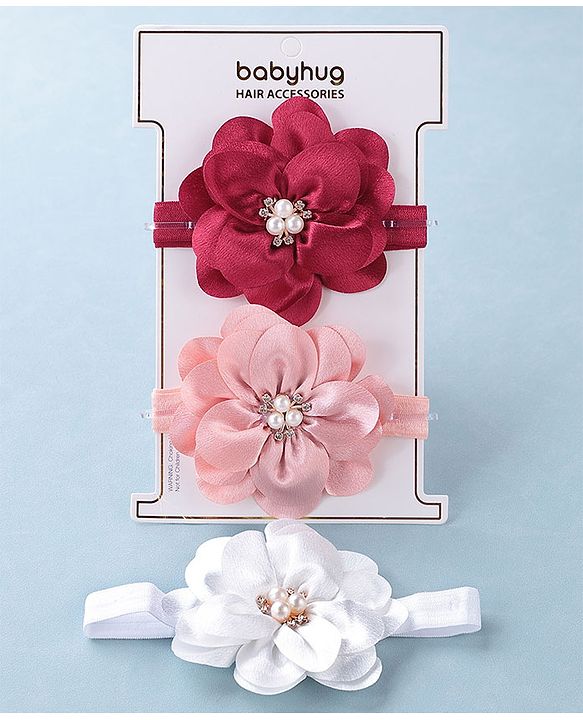 Babyhug Headbands with Flower Applique Free Size Pack of 3 - White Maroon & Pink