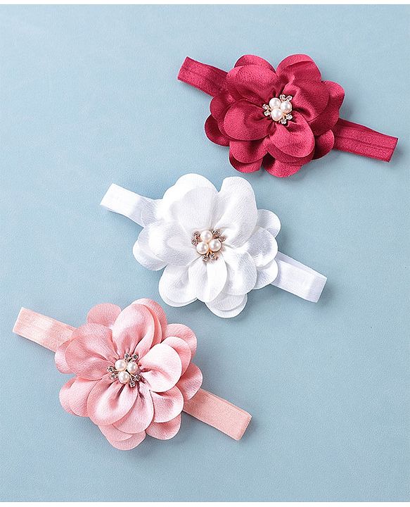 Babyhug Headbands with Flower Applique Free Size Pack of 3 - White Maroon & Pink