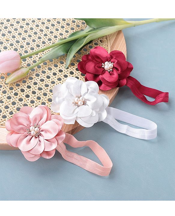 Babyhug Headbands with Flower Applique Free Size Pack of 3 - White Maroon & Pink