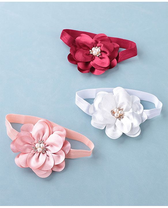 Babyhug Headbands with Flower Applique Free Size Pack of 3 - White Maroon & Pink