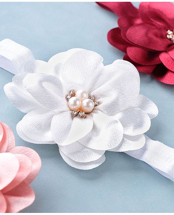 Babyhug Headbands with Flower Applique Free Size Pack of 3 - White Maroon & Pink
