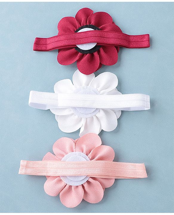Babyhug Headbands with Flower Applique Free Size Pack of 3 - White Maroon & Pink