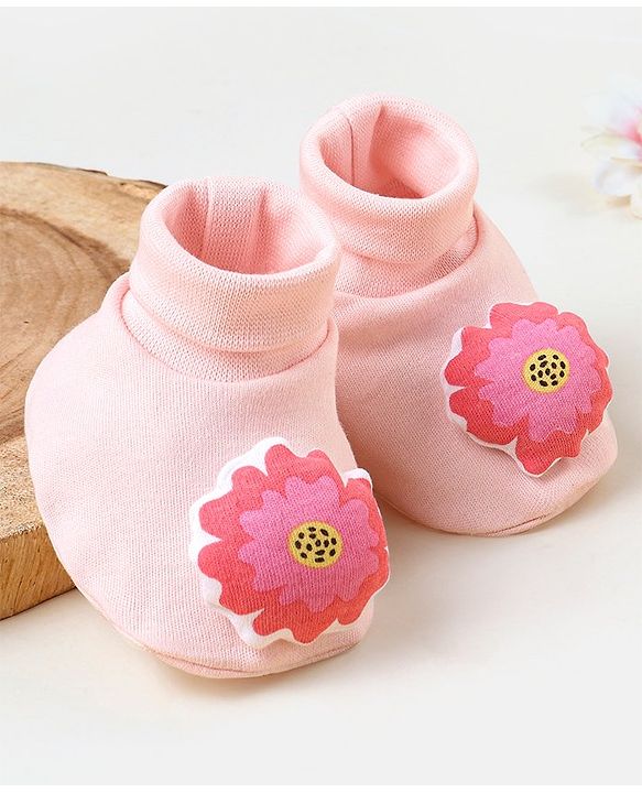 Babyhug 100 % Cotton Booties Flower Print- Pink