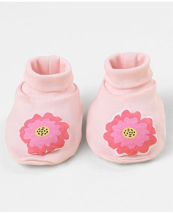 Babyhug 100 % Cotton Booties Flower Print- Pink