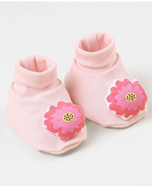Babyhug 100 % Cotton Booties Flower Print- Pink