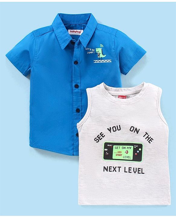 Babyhug 100% Cotton Half Sleeves Shirt With T-Shirt Text Print- Blue & White