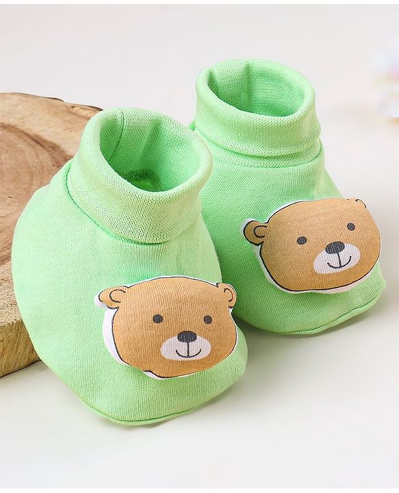 Babyhug 100 % Cotton Booties Bear Patch- Green