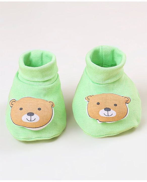 Babyhug 100 % Cotton Booties Bear Patch- Green