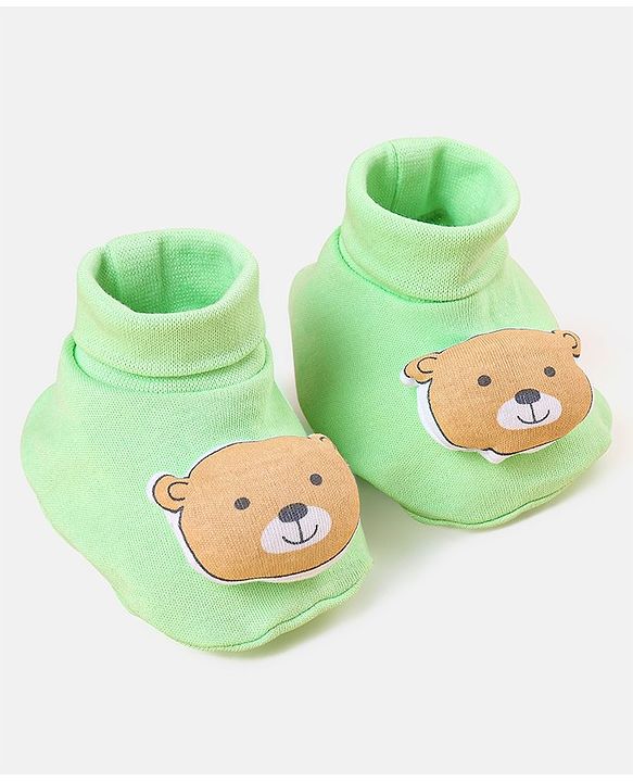 Babyhug 100 % Cotton Booties Bear Patch- Green