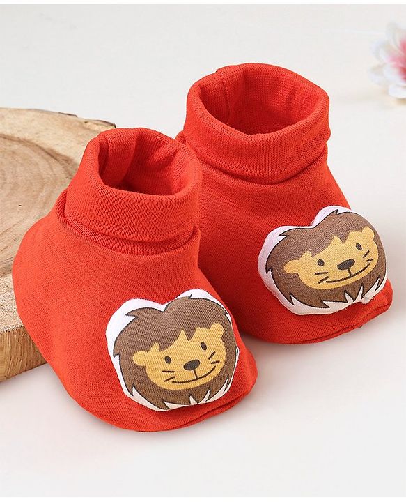 Babyhug 100 % Cotton Booties Lion Patch- Orange