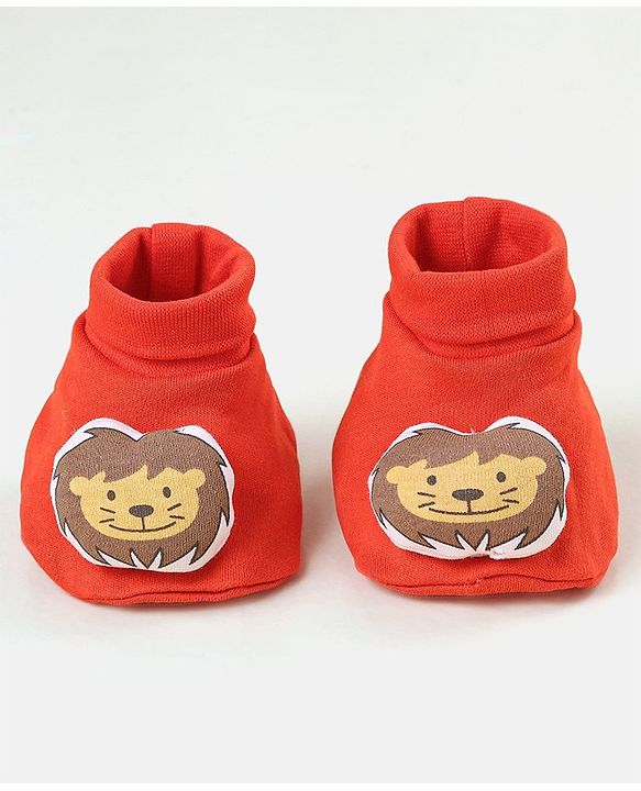 Babyhug 100 % Cotton Booties Lion Patch- Orange