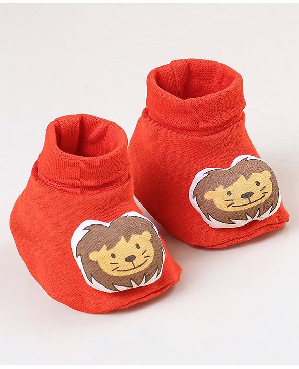 Babyhug 100 % Cotton Booties Lion Patch- Orange