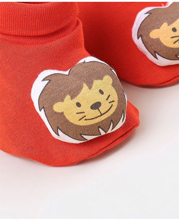 Babyhug 100 % Cotton Booties Lion Patch- Orange
