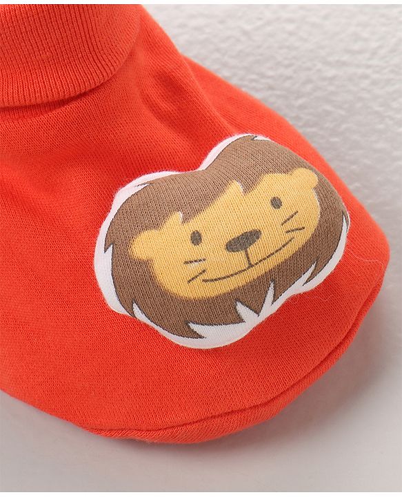 Babyhug 100 % Cotton Booties Lion Patch- Orange