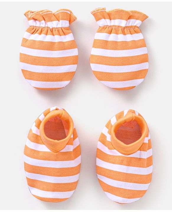 Babyhug 100% Cotton Striped Mittens & Booties Set - Orange