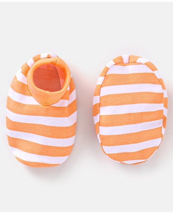 Babyhug 100% Cotton Striped Mittens & Booties Set - Orange