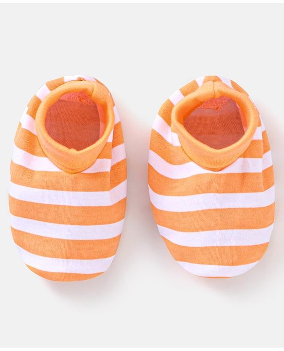 Babyhug 100% Cotton Striped Mittens & Booties Set - Orange